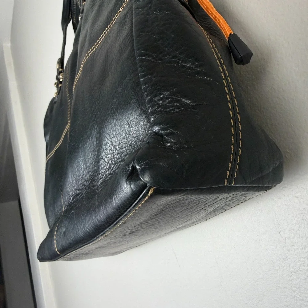 Liz Claiborne Briefcase Tote Bag Women's Black Leather Contrast Stitch Front Zip